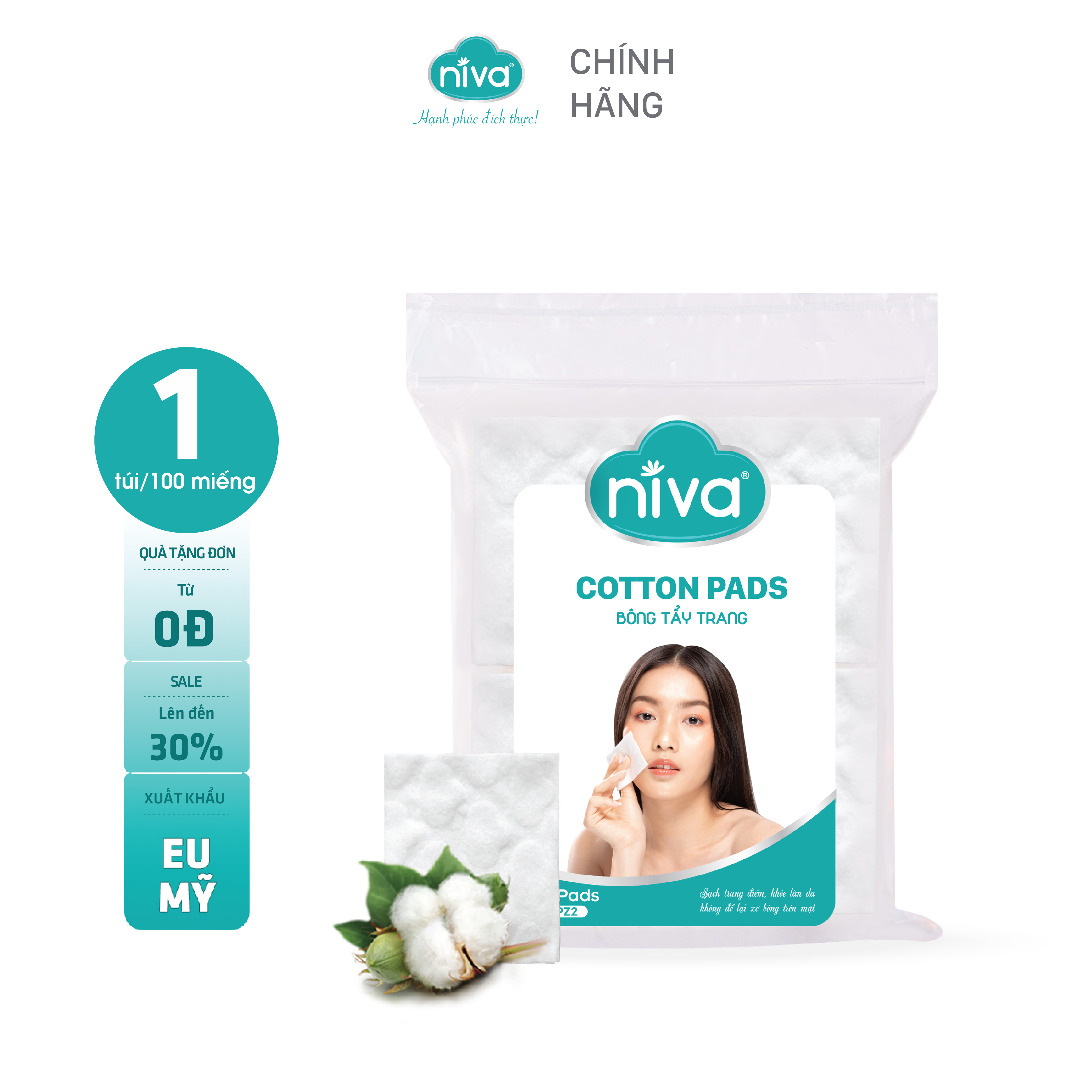 Bông Tẩy Trang Vuông Niva CPZ2 Cao Cấp Bông Tự Nhiên, Công Nghệ Kháng Khuẩn An Toàn Cho Da Dầu Mụn Nhạy Cảm