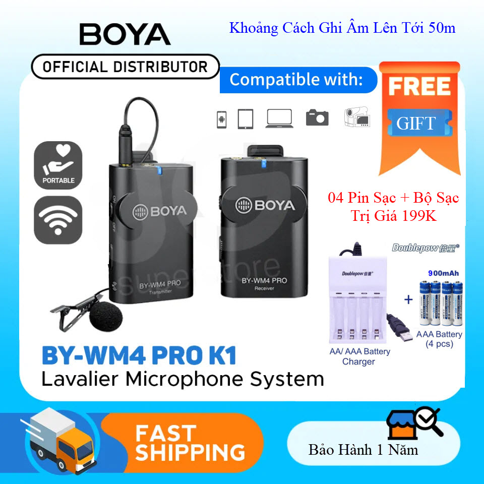Quà tặng trị giá 199k - micro không dây boya wm4 pro k1 sử dụng cho điện thoại, máy quay -boya by-wm4 pro wireless lavalier lapel microphone for iphone android smartphone dslr cameras youtube recording streaming vlog
