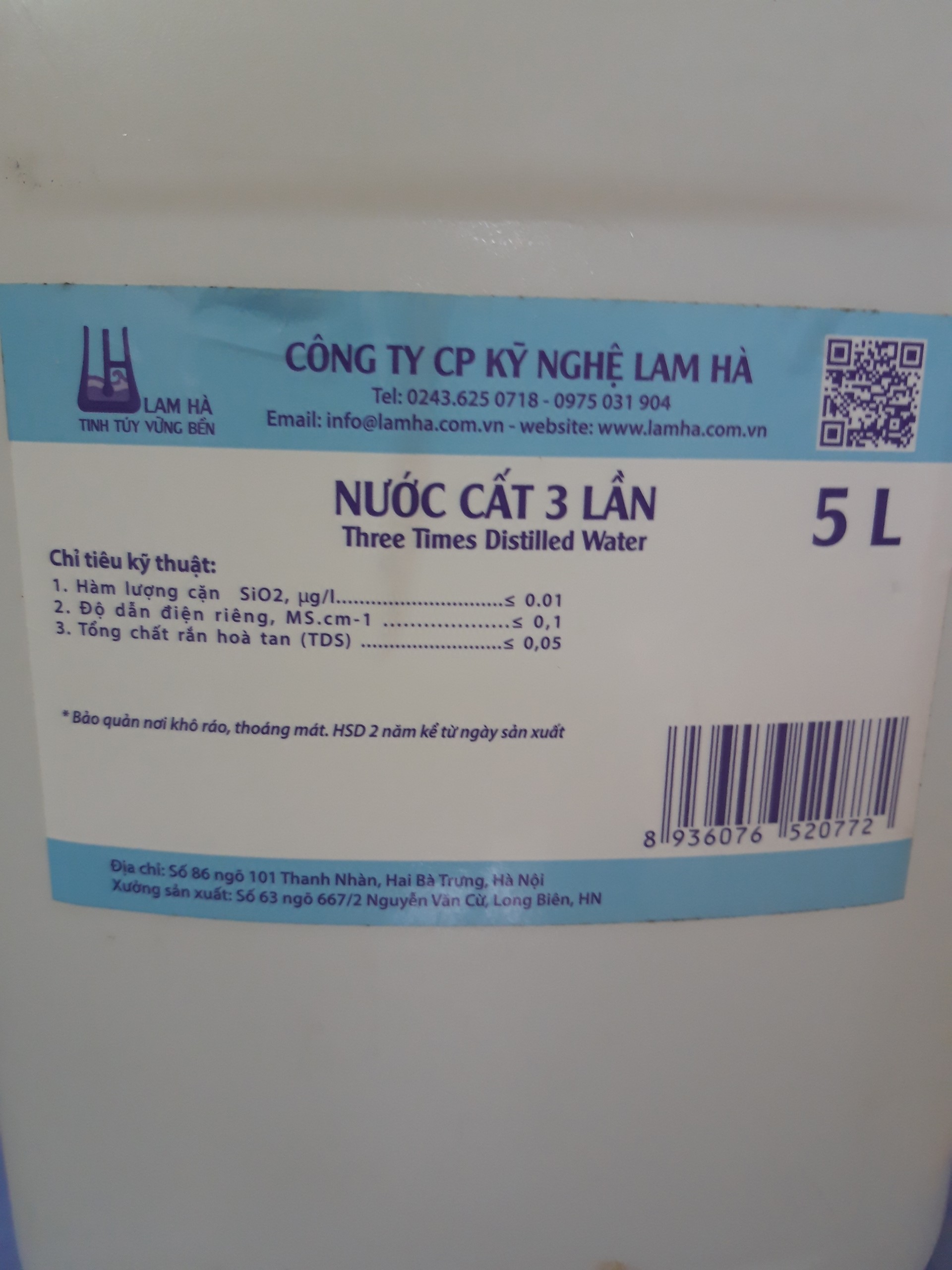 Nước cất 3 lần 5 lít Lam Hà