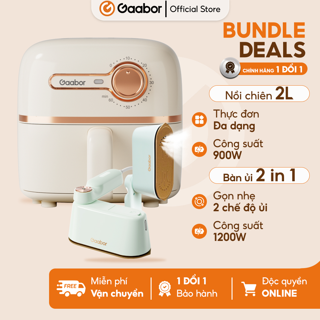Combo 385 Nồi chiên không dầu 2L Gaabor AF20M-YE01S lòng chống dính hẹn giờ đến 60 phút và bàn ủi hơi nước cầm tay Gaabor HM-M01A tay cầm gấp gọn 180 độ - Bảo hành 12 tháng 1 đổi 1