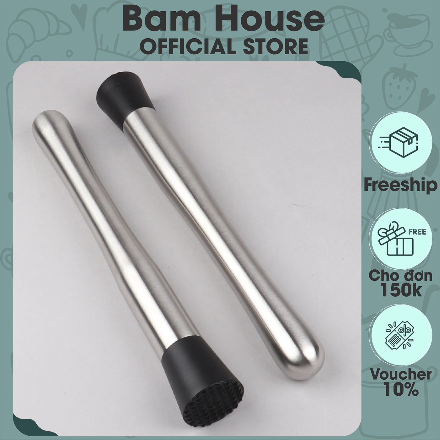 Cây dầm pha chế inox Bam House kích thước 25cm đầu cao su cao cấp CDP01 – Cây dầm quầy bar, Bar Muddle, Chày dầm hoa quả quầy bar