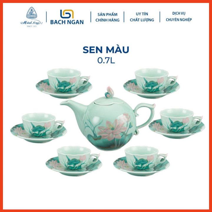 Bộ Ấm Trà Gốm Sứ Cao Cấp Minh Long Sen Màu 0.7L hàng đẹp, sang trọng đãi khách, quà tặng - 6 tách