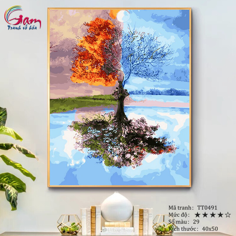 Tranh tô màu sơn dầu số hóa kỹ thuật số DIY Có khung trừu tượng - Mã TT0491 Xuân hạ thu đông Cây bốn mùa Tranh Trang trí Sang trọng Làm quà tặng Giảm Stress