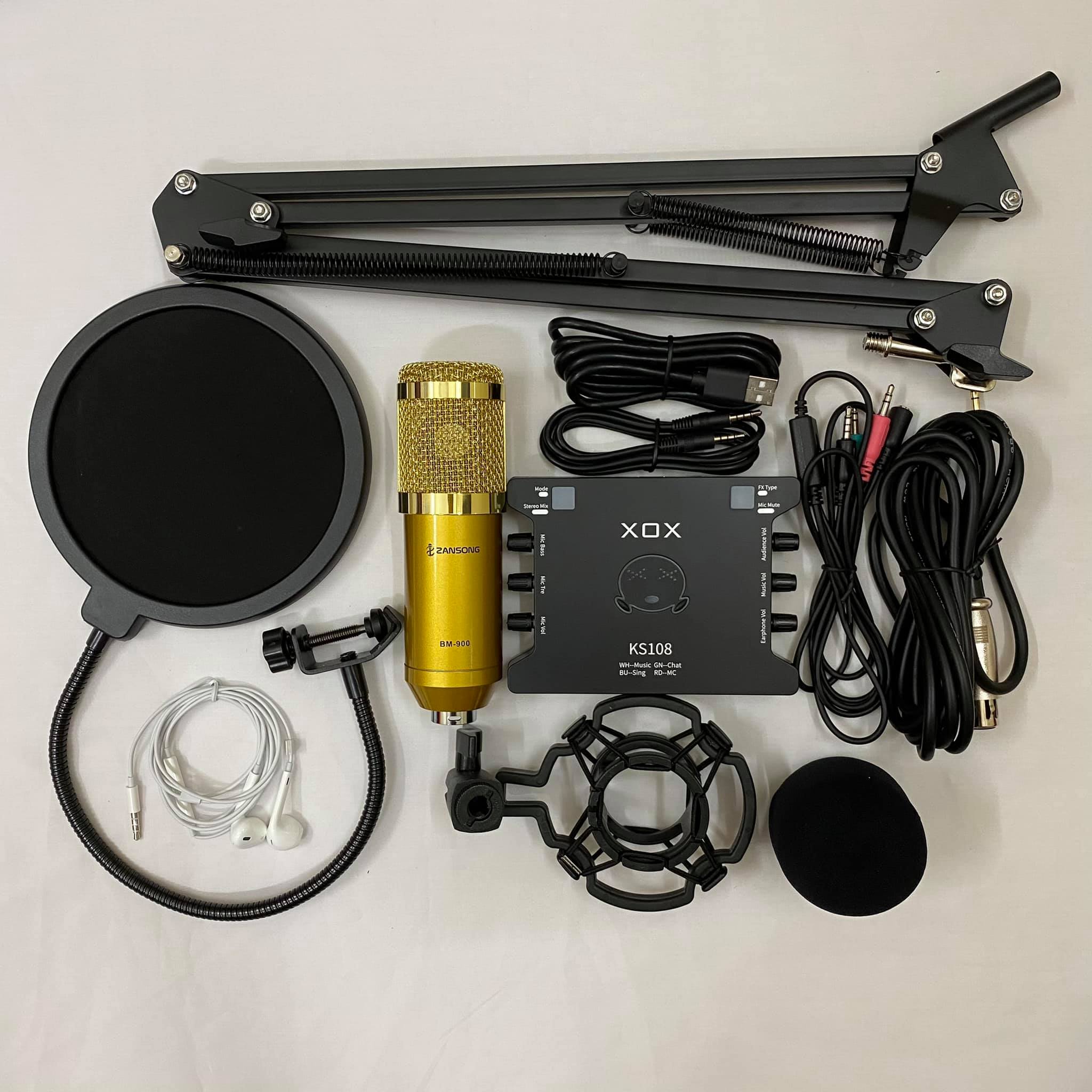 COMBO bộ mic livestream hát karaoke ZANGSONG BM900, dây live XOX k10 HOẶC K108, chân kẹp míc, màng lọc âm tặng ngay 1 tai nghe BH 6 tháng