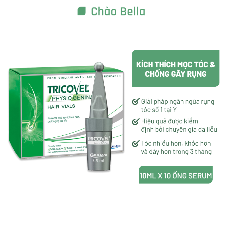 Serum Tricovel Giảm Rụng Tóc Kích Thích Tóc Mọc Dày và Dài Trong Thời Gian Ngắn Vials Physiogenina - hộp 10 lọ x 10ml