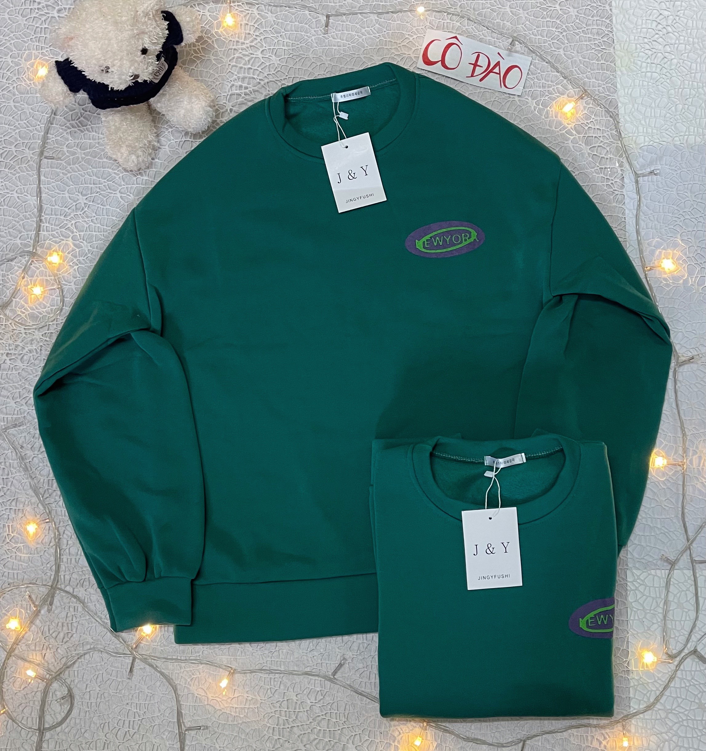 Áo sweater xanh chữ newyork freesize dưới 55kg-chất nỉ bông hàn quốc-săn sale cuối năm