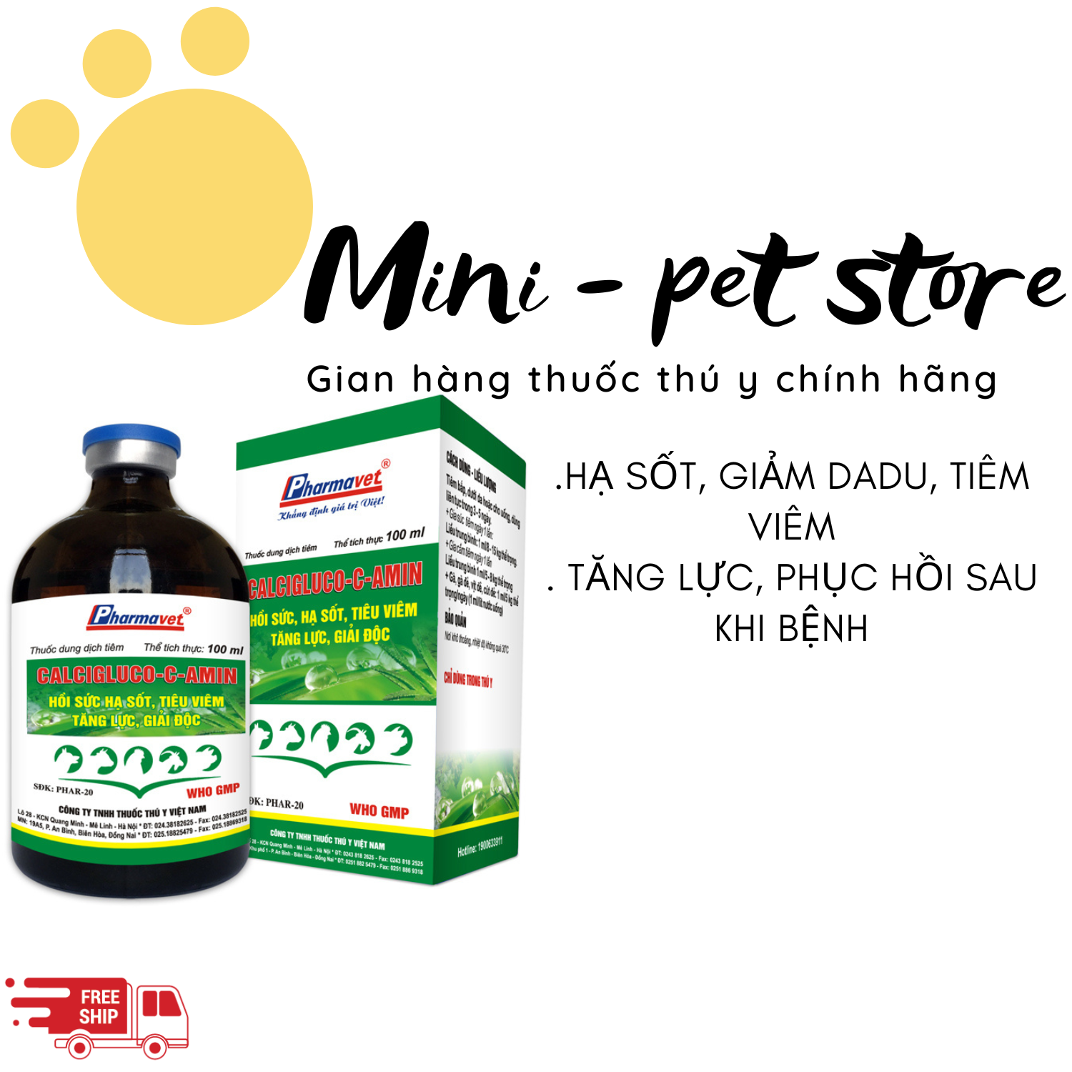 [100ml] CALCIGLUCO-C-AMIN, HỒI SỨC, HẠ SỐT, TIÊU VIÊM, TĂNG LỰC, GIẢI ĐỘC, cho gia súc, gia cầm, heo, bò, nghé, gà, vịt, cút thú y drich ( GLUCOKC,  GLUCO KC ,  GLUCO K+C ,  GLU )