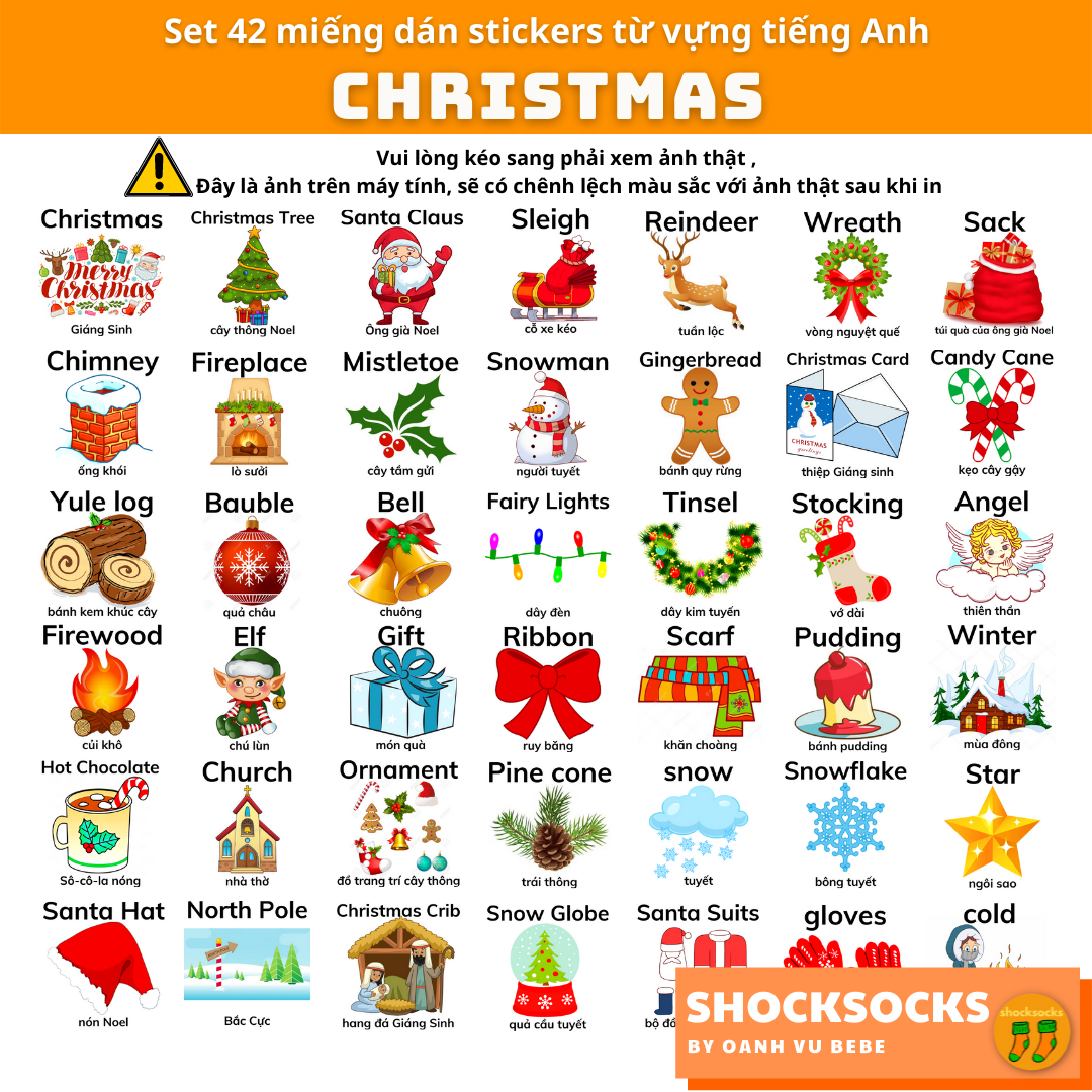 🔥42 MIẾNG DÁN STICKERS TỪ VỰNG TIẾNG ANH CHỦ ĐỀ GIÁNG SINH