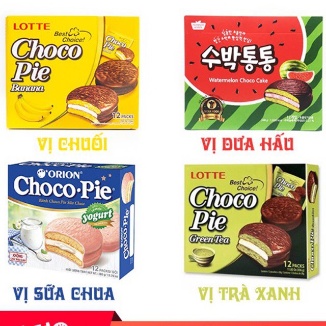 Hộp 12 Bánh Chocopie Oirion 4 vị , chocopie vị chuối , chocopie vị trà xanh , chocopie vị dưa hấu, chocopie vị sữa chua