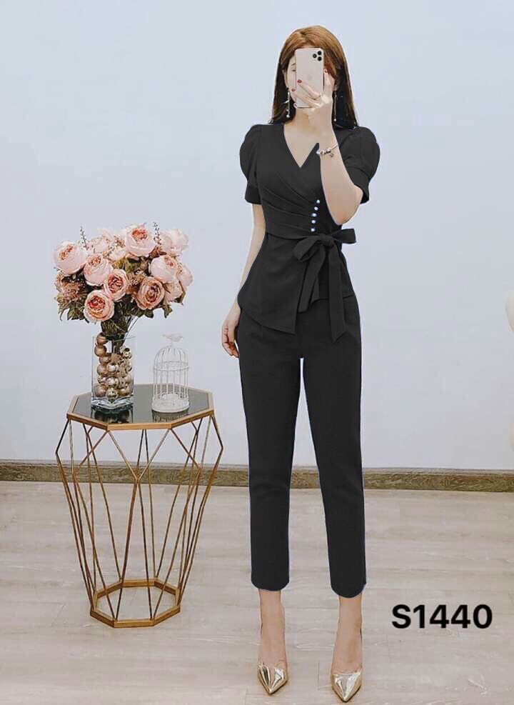 Sét Bộ Xếp Ly Đính Nơ Đóng Cườm Tay Tơ Lưới Thời Trang Nữ GREAT7
