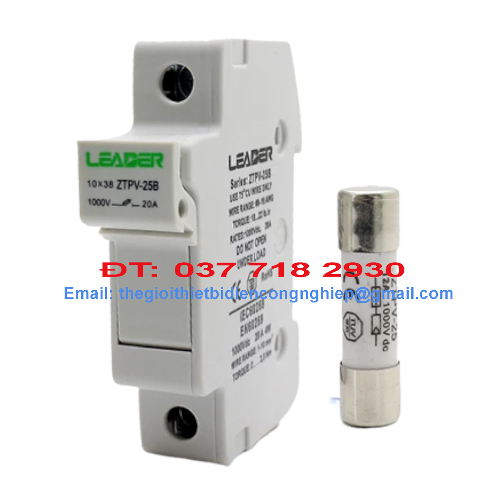 Cầu chì dc leader- ztpv-25b-15a/1000vdc, bộ vỏ ruột cầu chì 15a leader, cầu chì năng lượng mặt trời leader, vỏ cầu chì leader, solar nlmt
