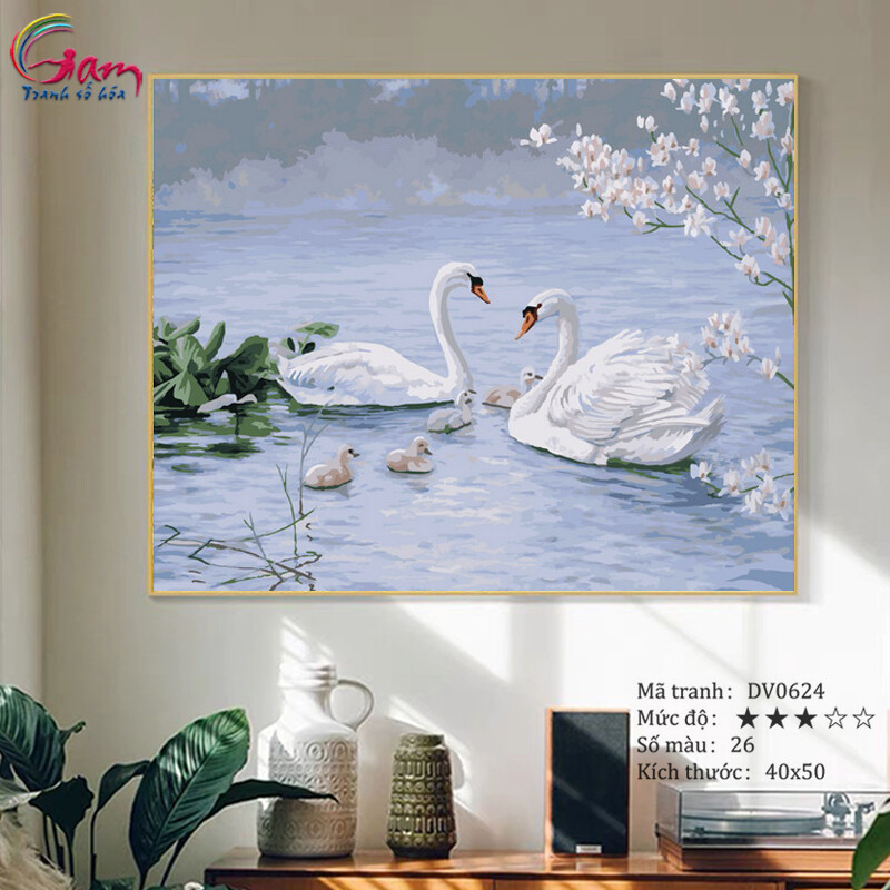 Tranh sơn dầu số hóa DIY tự tô màu động vật - Mã DV0624 Thiên nga trắng Tranh Trang trí hiện đại Làm quà tặng và Giảm Stress