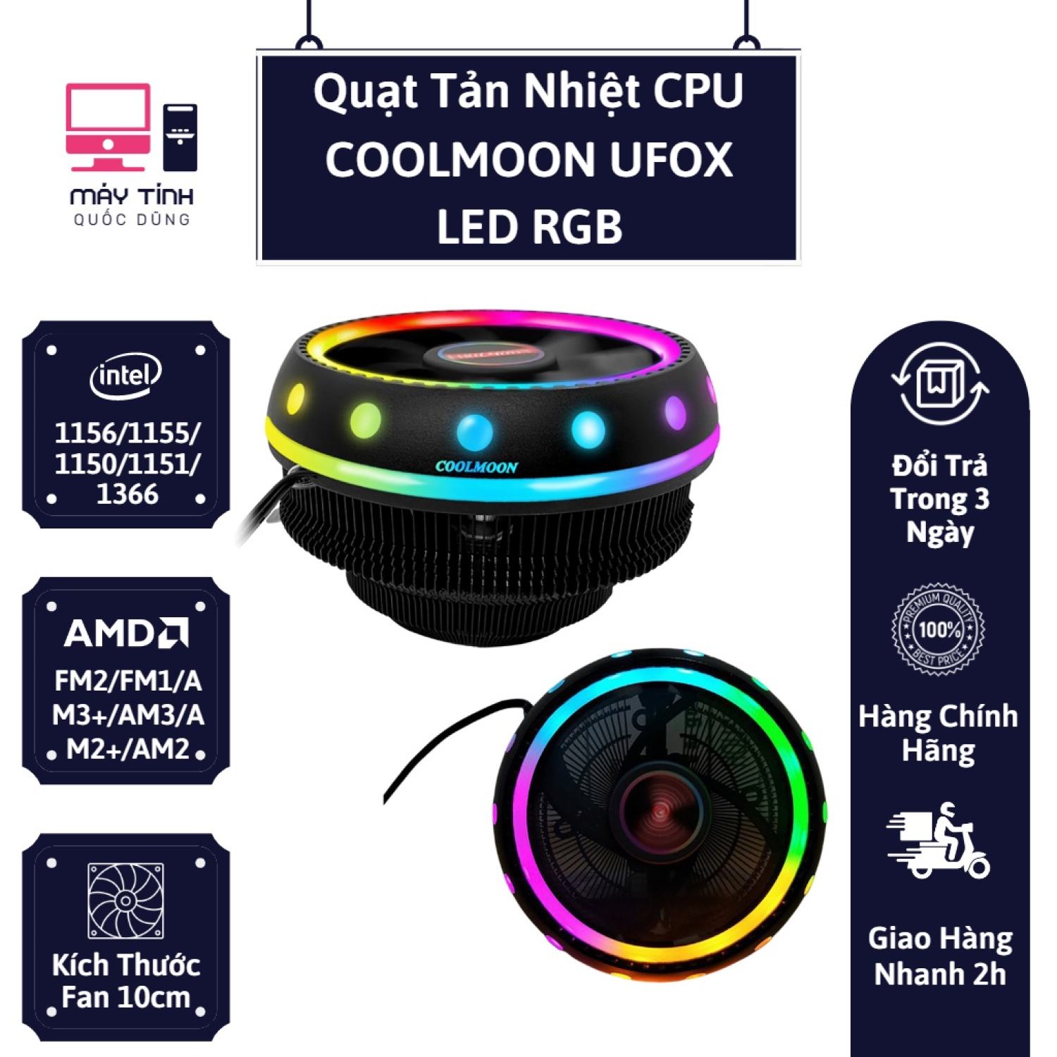Quạt tản nhiệt cpu coolmoon ufox led kết hợp đèn rgb i máy tính quốc dũng