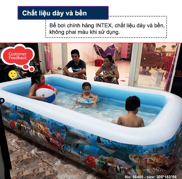 Bể bơi gia đình vuông cá 305x183x56 intex 58485 quà tặng trị giá 250k : 1 bơm điện . 1 bóng , 2 phao tròn