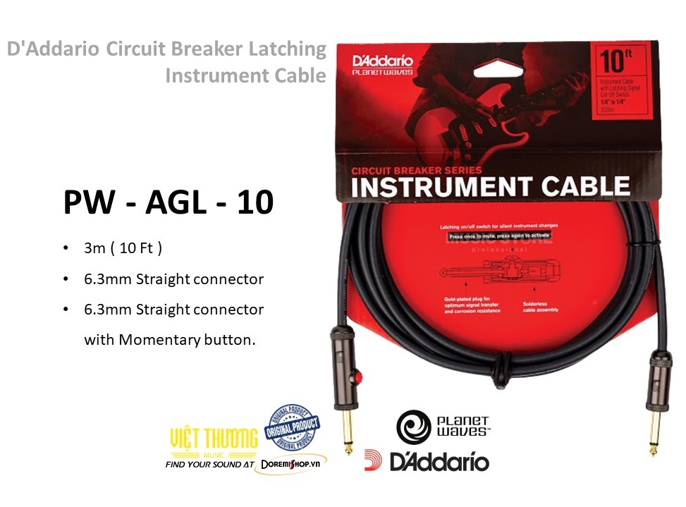 Cáp tí hiệu guitar có nút ngắt chính hãng D'Addario Planet Wave Circuit Breaker Guitar Instrument Cable PW-AGL