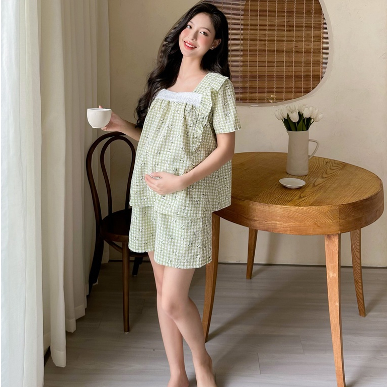 MEDYLA - Bộ đồ bầu mặc nhà xuân hè 1 lớp thô hàn cổ vuông cho bầu mặc đi trong và sau sinh - DB438