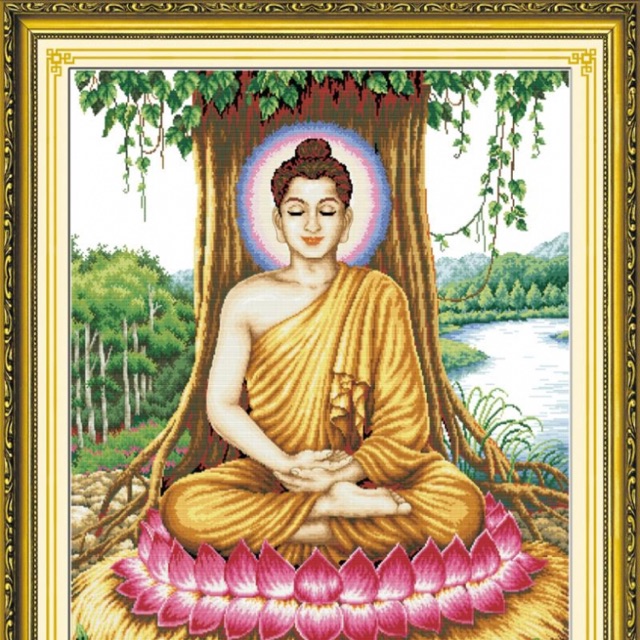 Tranh thêu chữ thập phật thích ca ngồi gốc bồ đề 85x111cm chưa thêu