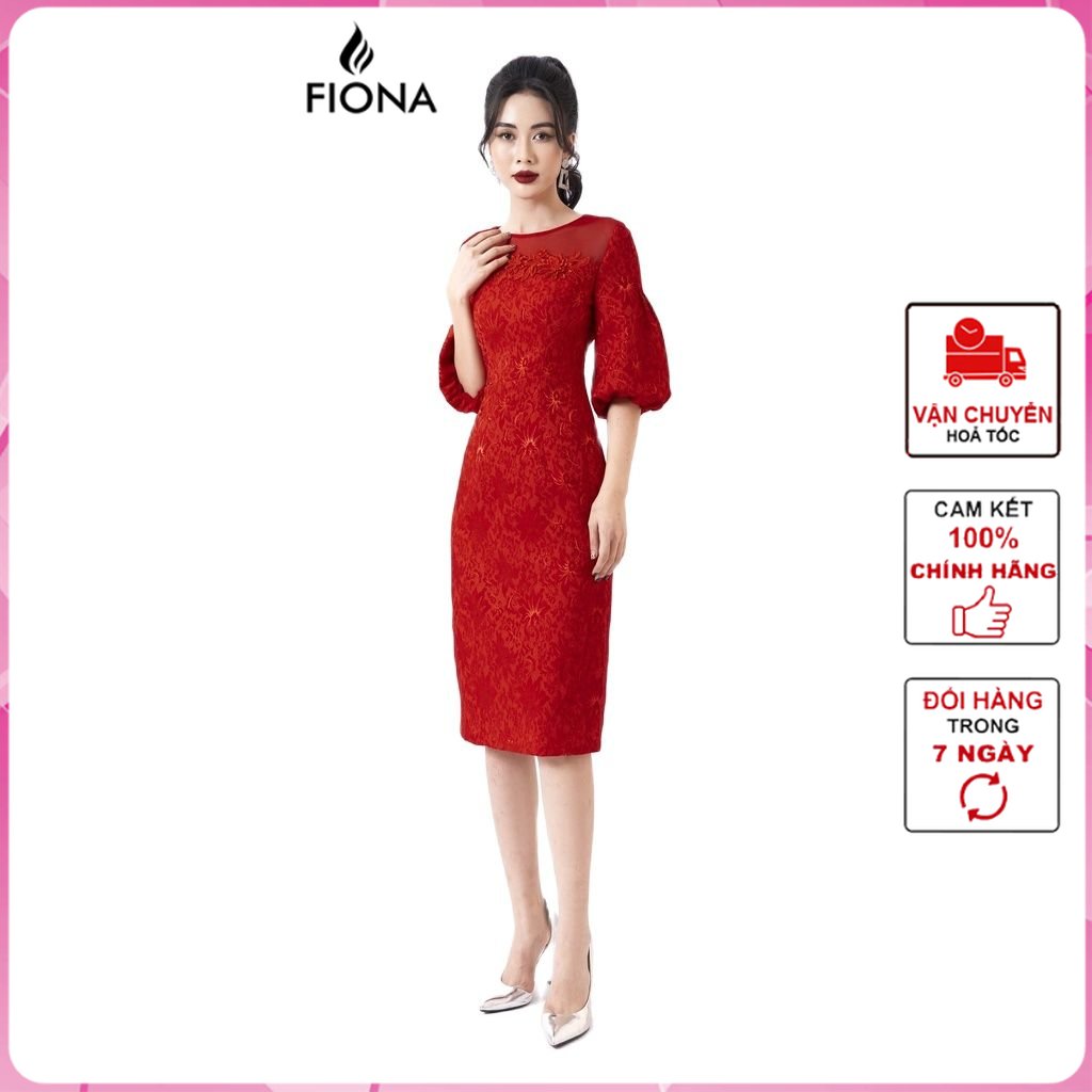 Đầm gấm dáng chữ a fiona, đầm thiết kế tay bồng cổ điển mã f450772