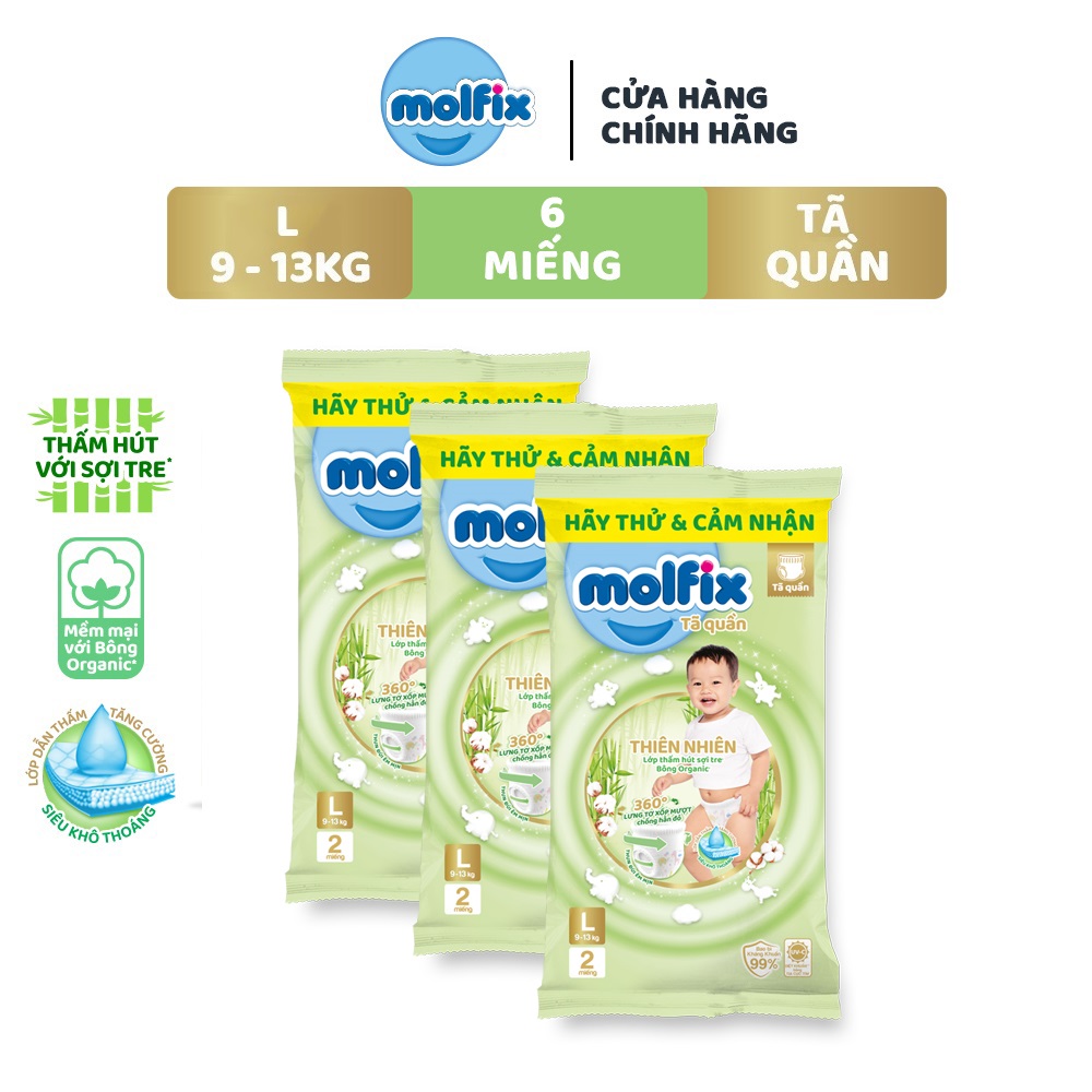 6 miếng Tã/ bỉm quần Molfix Thiên nhiên L