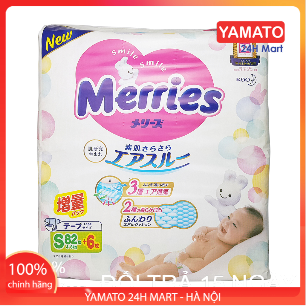 Tã dán bỉm merries size s 82+6 miếng cho bé từ 4-8kg nội địa nhật bản, bỉm merries cộng miếng, bỉm size s, bỉm nhật, bỉm mỏng thấm hút tốt