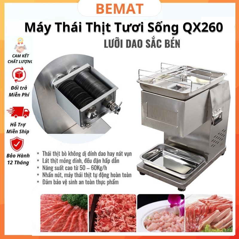 Máy thái thịt tươi sống cắt thịt bò công nghiệp qx-260 độ dài lát cắt 1.8 - 15.0mm lưỡi dao thay thế tháo rời công xuất 1500w chất liệu inox bảo hành 24 tháng