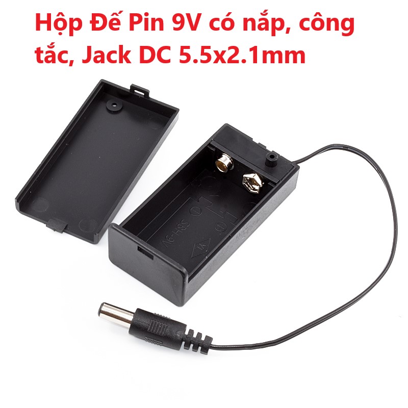Hộp đế pin 9v có nắp và công tắc on/off, hộp đế pin 9v có nắp và công tắc, đầu ra có jack dc 5.5x2.1mm