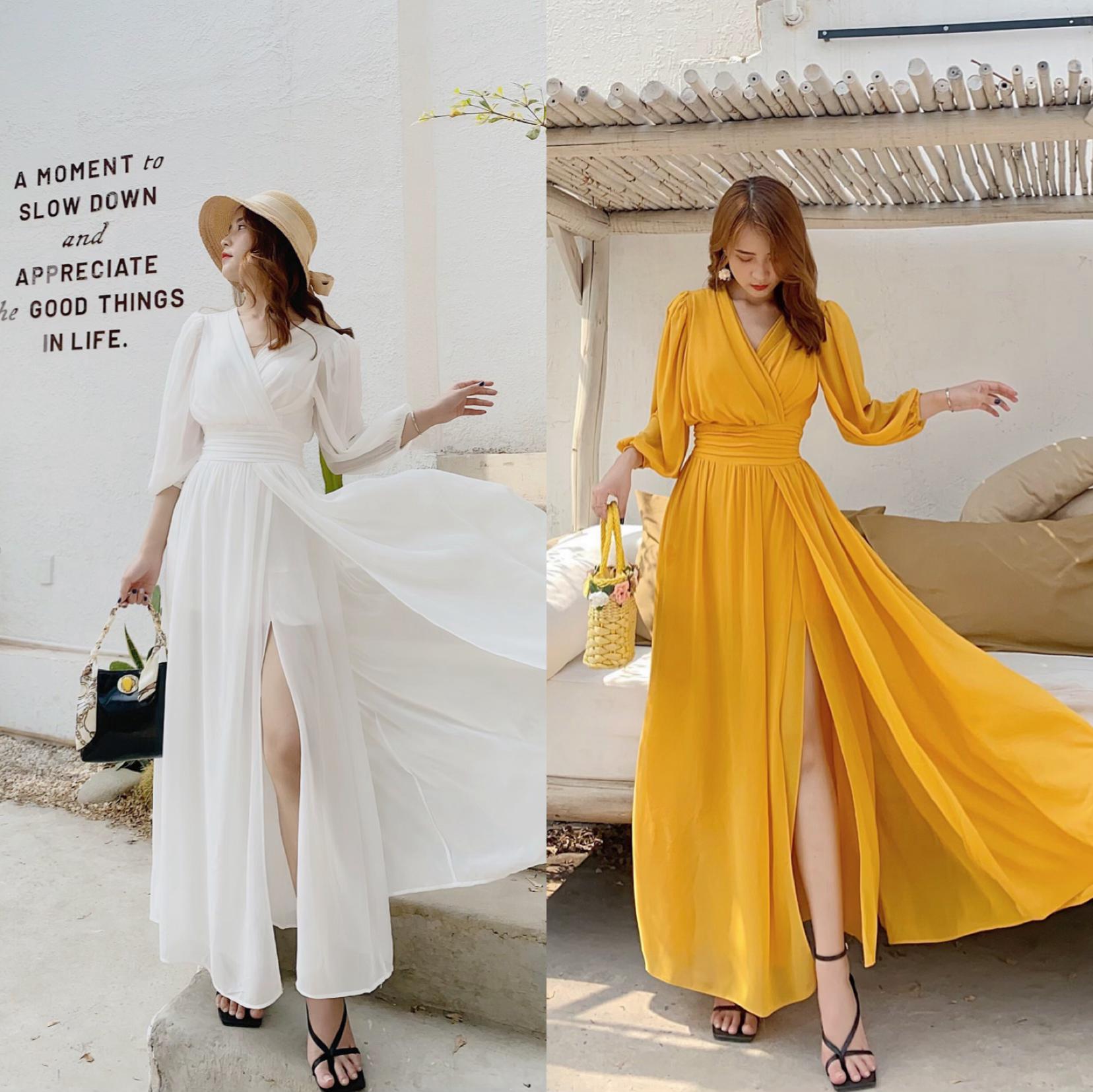 [HCM]Đầm váy maxi đi biển, dự tiệc, chụp hình cưới thiết kế đắp chéo xẻ tà cổ V