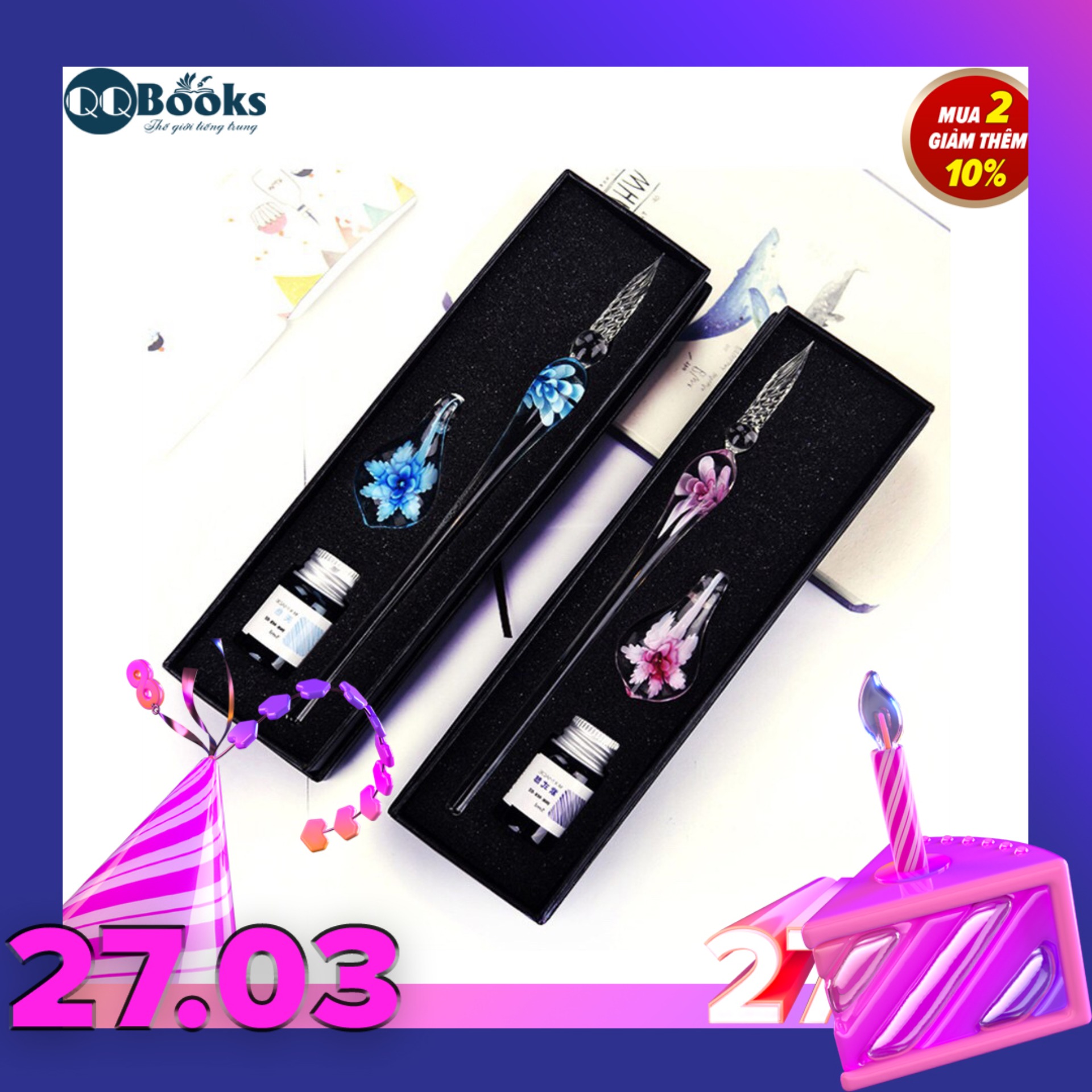 COMBO Bút thủy tinh pha lê hoa hồng MÀU XANH DƯƠNG luyện viết tiếng trung, tiếng hoa, thư pháp trung hoa