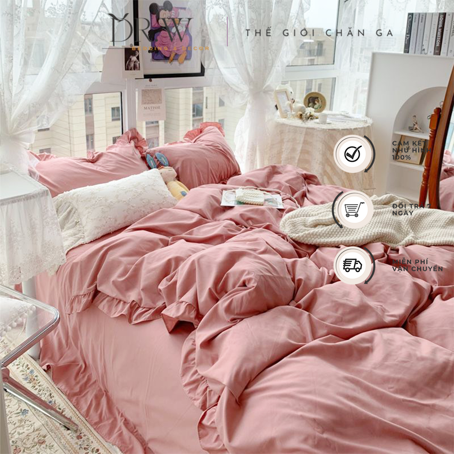 Bộ chăn ga gối cotton tici bèo set 4 món cao cấp phong cách Hàn Quốc DR.W do chun drap - Thế Giới Chăn Ga