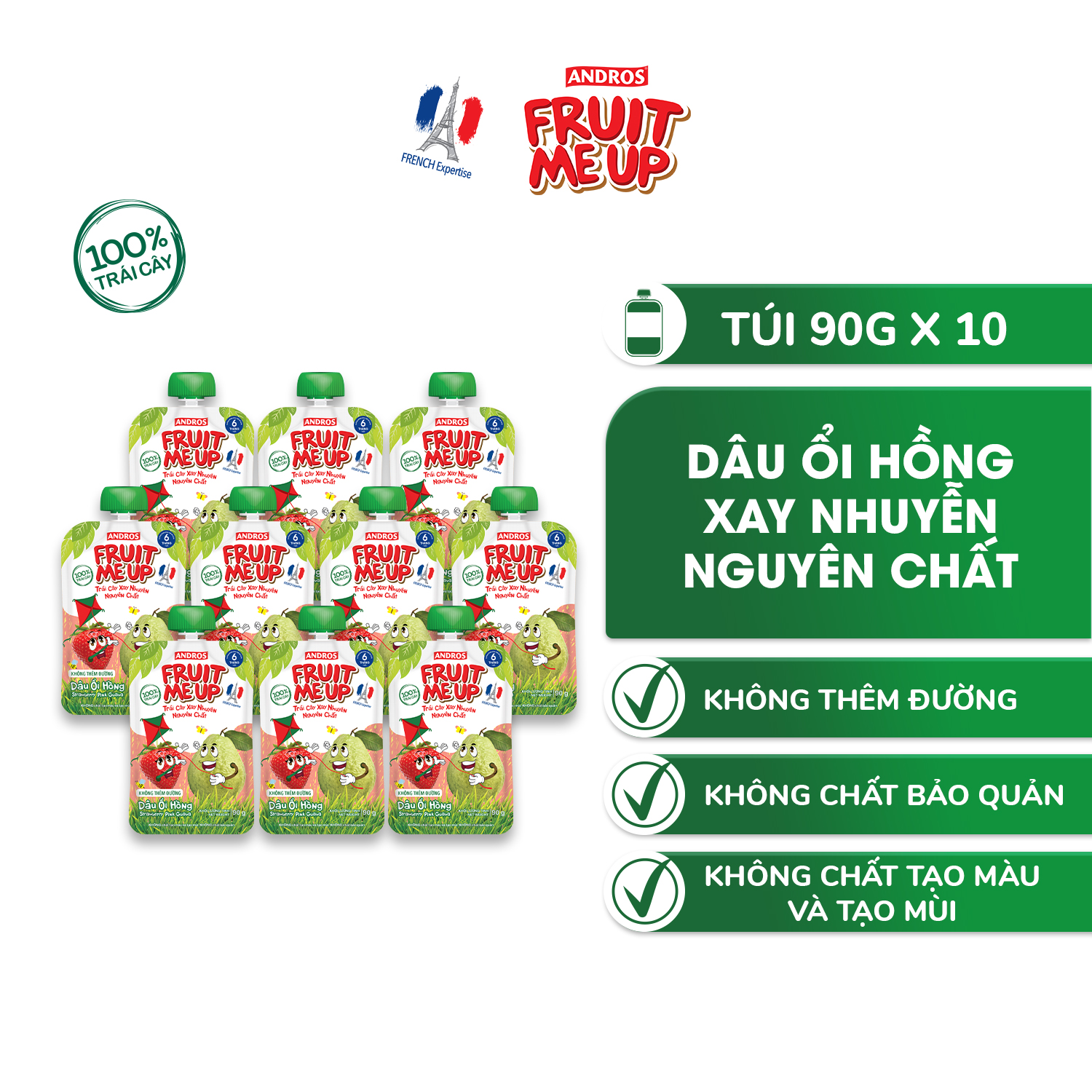 Combo 10 Túi Trái Cây Xay Nhuyễn Vị Dâu Ổi hồng - 100% trái cây thật