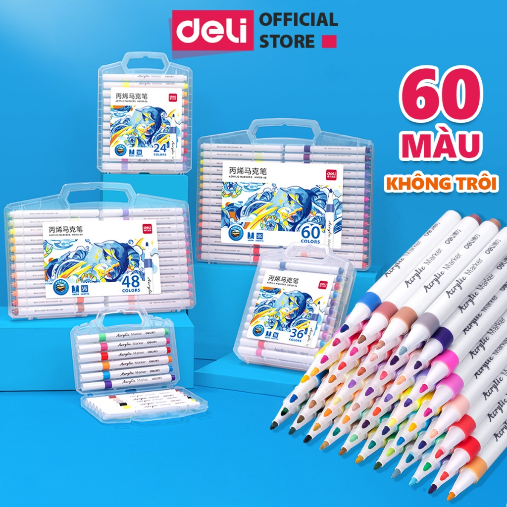 Bút Sơn Acrylic Marker 12/24/36/60 Màu Chính Hãng Deli - Lượng Mực Lớn - Không Bị Rửa Trôi - DIY Nhi