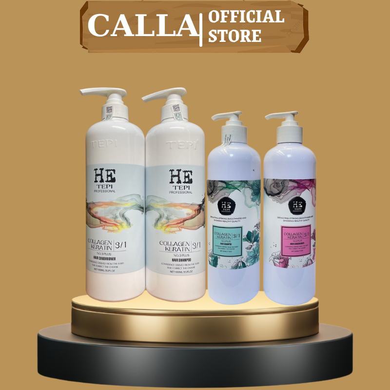 Dầu gội xả keratin he tepi 1000ml * 2 kiềm dầu phục hồi tái tạo nang tóc hư tổn siêu mềm mượt | calla official