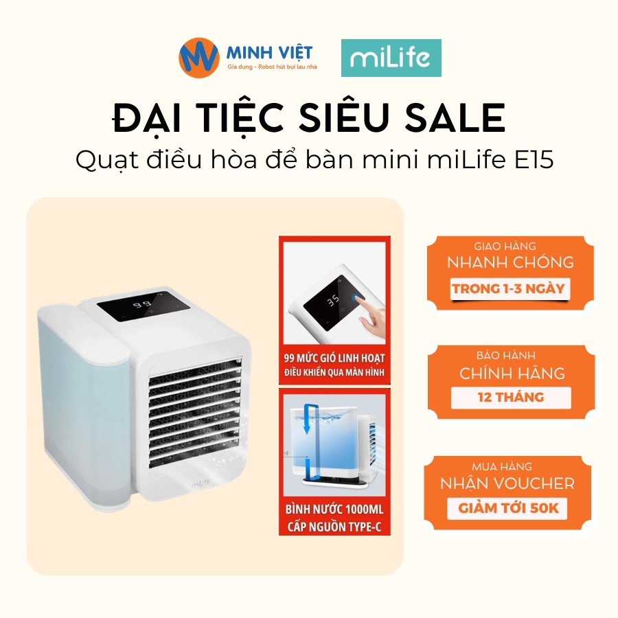 Quạt Điều Hòa Để Bàn miLife E15 Mini - Máy Lạnh Mini, Tạo Ẩm Siêu Tốt - BH 12 Tháng - Minh Việt