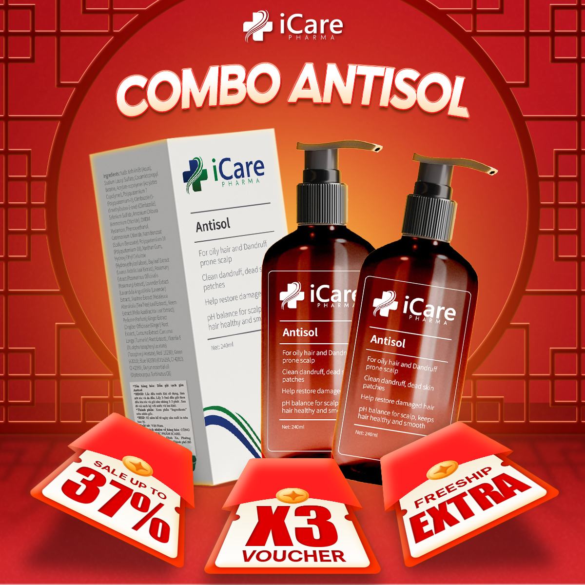  Combo 02 Chai Dầu Gội Hỗ Trợ Gàu Ngứa Da Đầu Antisol iCare Pharma 