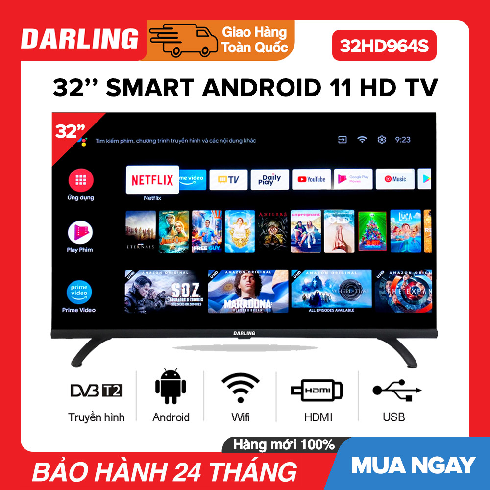 Smart tivi darling 32 inch hd tràn viền - model 32hd964s android 11, tích hợp truyền hình kĩ thuật số dvb-t2, tivi giá rẻ - bảo hành 2 năm toàn quốc