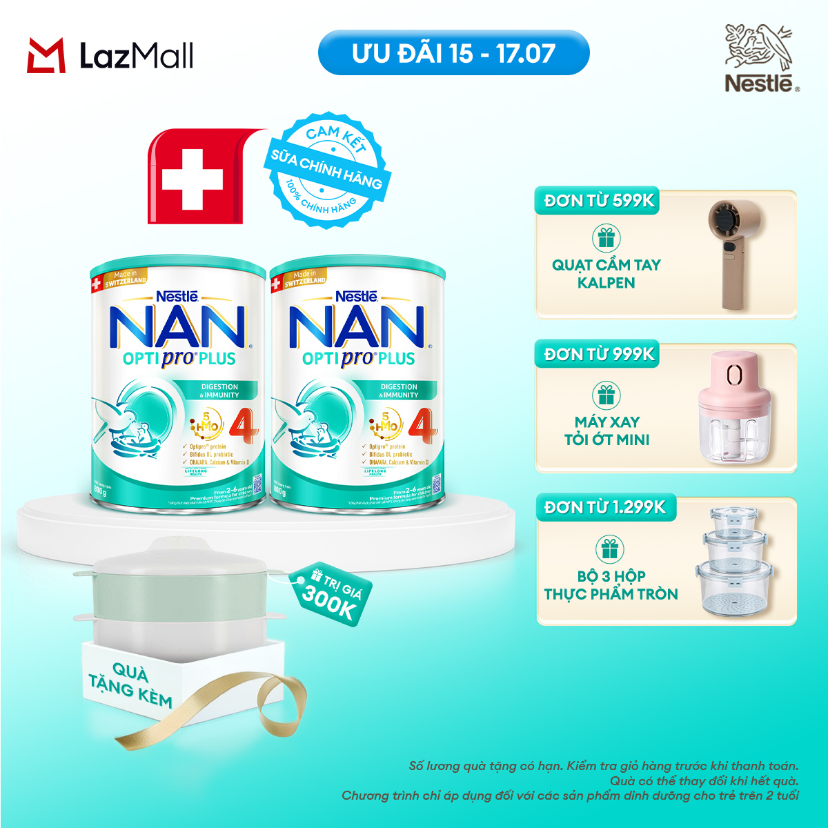 [CHỈ 15-17.07 QT ĐƠN 599K/999K/1299K][Tặng Xửng hấp] Bộ 2 Lon Sữa bột Nestlé NAN OPTIPRO PLUS 4 với 5HMO xuất xứ Thụy Sĩ  - Hộp 800g cho bé từ 2-6 tuổi - Sữa công thức dinh dưỡng cho trẻ giúp hỗ trợ tiêu hóa, đề kháng, trí não và phát triển toàn diện