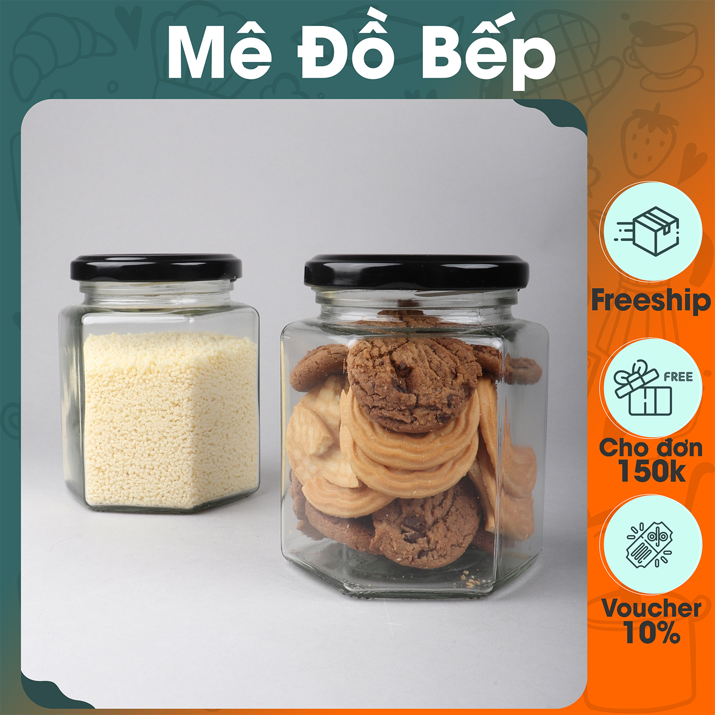 Hủ thủy tinh lục giác 450ml Bam House có nắp nhôm giúp bảo quản gia vị và thực phẩm tốt cao cấp HLG02 - Gia dụng bếp