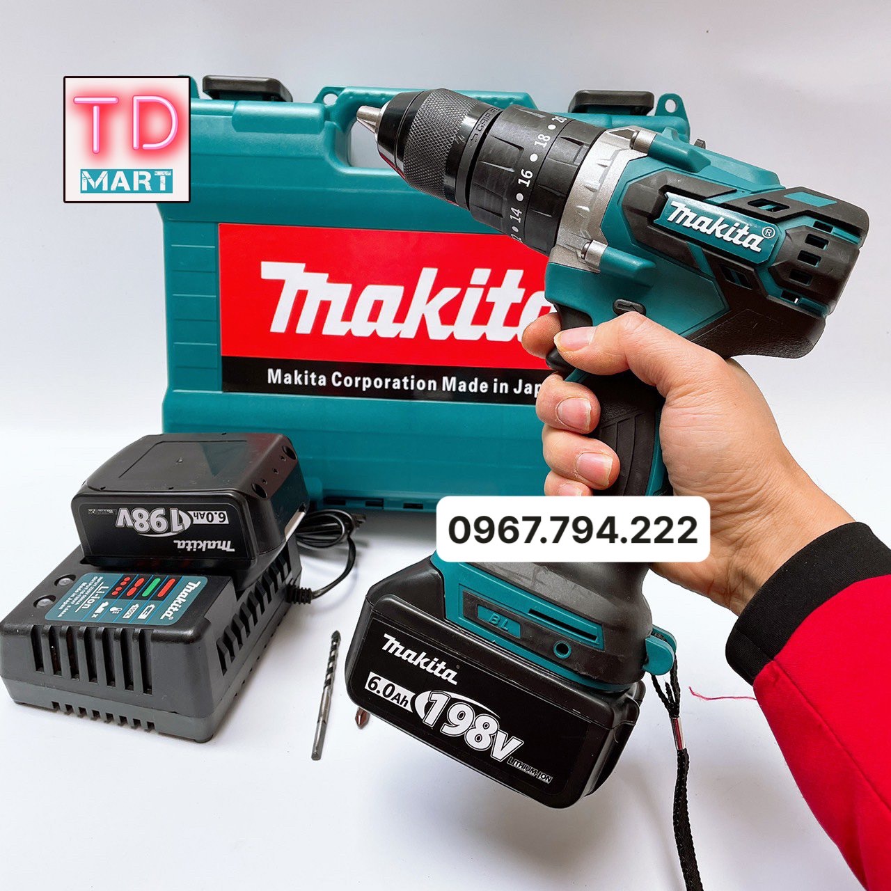 Máy khoan pin Makita 198v 3 Chức Năng, Có Búa Không Chổi Than Đầu AutoLock 13ly , Khoan, Bắt Vít. Khoan Tường, FULL BOX