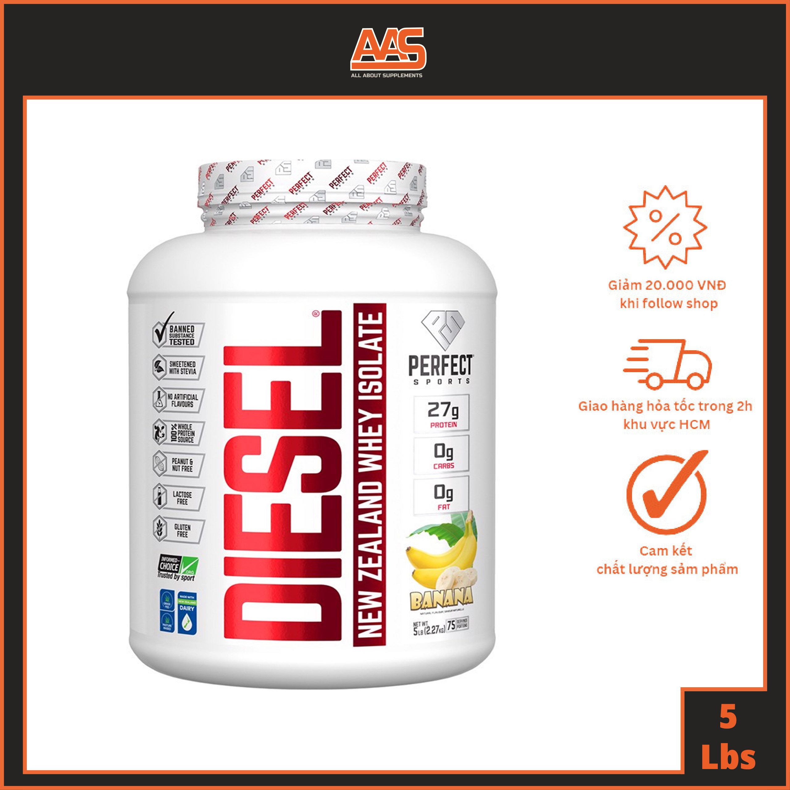 Protein - perfect sprots - diesel new zealand whey isolate - 5lbs - bột đạm dinh dưỡng thể thao hỗ trợ tăng cơ với tiêu chí 15 không