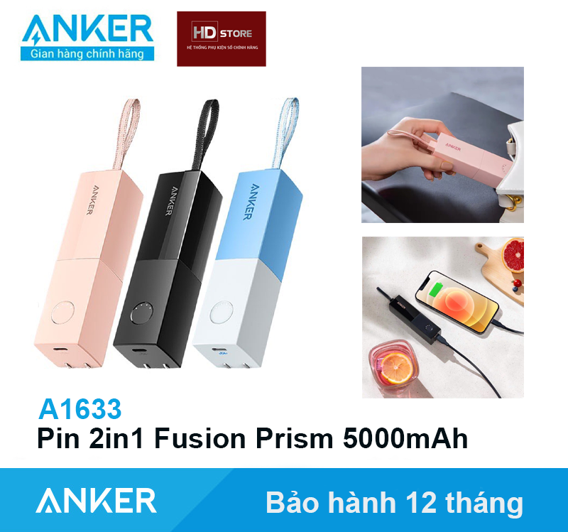 Pin sạc dự phòng Anker 5000mAh Fusion Prism Thỏi son Kiêm củ sạc nhanh 20W - A1633 sạc nhanh Iphone 11 12 13 14 Pro Max