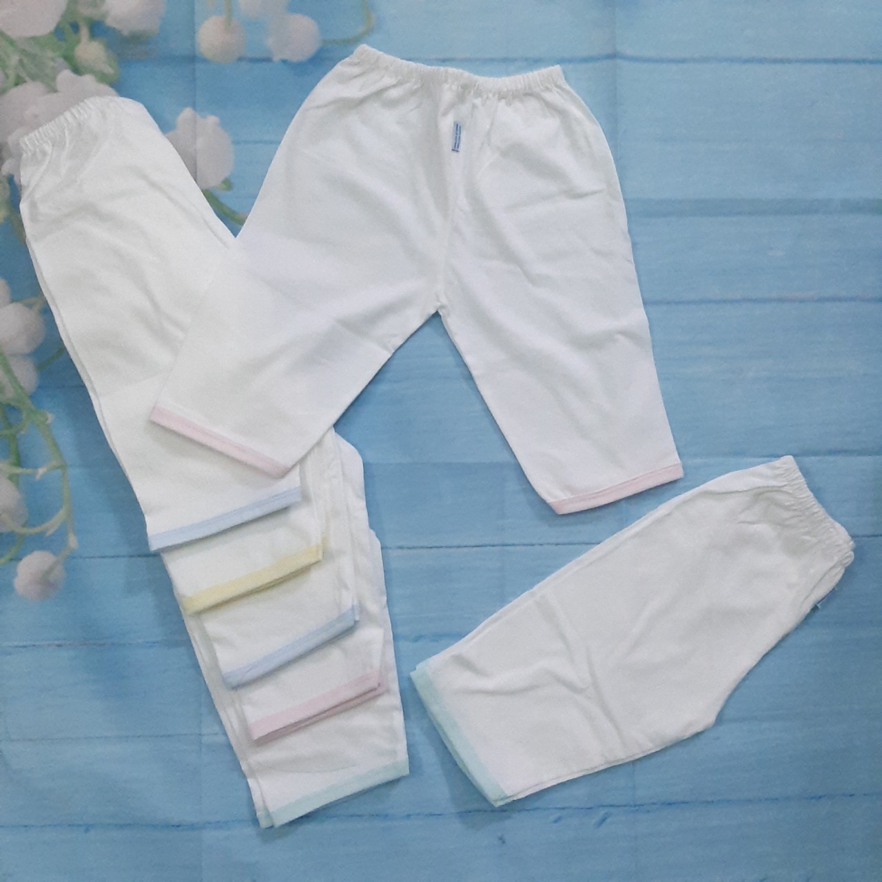 Combo 5 quần dài trắng viền màu sơ sinh cao cấp jou 100% cotton, mềm, min, thoáng mát/ size 1-4 cho bé sơ sinh - 11kg/quần áo trẻ sơ sinh/quần cho trẻ sơ sinh/quần cho trẻ sơ sinh/quần dài sơ sinh