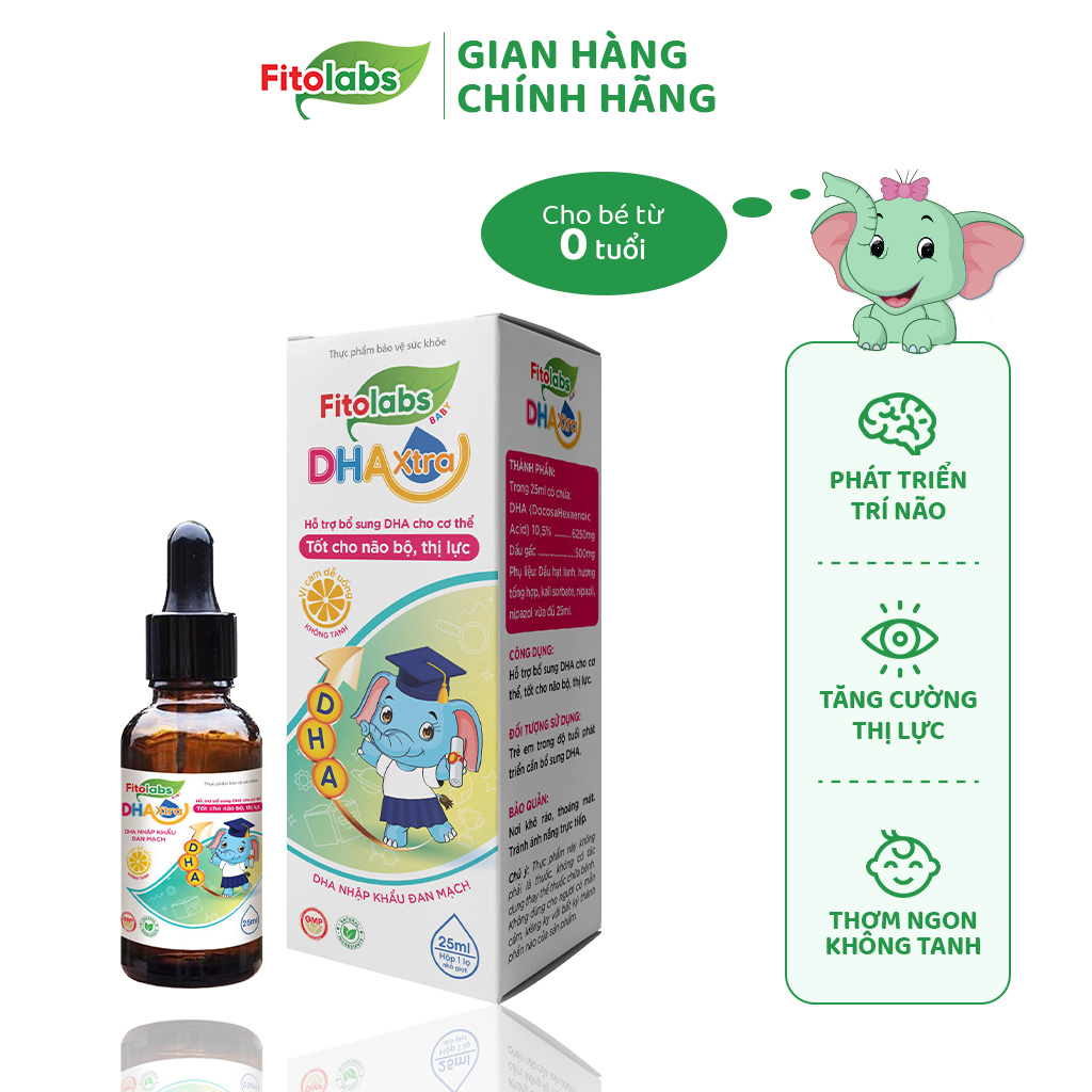 Dha nhỏ giọt không tanh fitolabs dha xtra cho bé giúp tăng cường thị lực và trí não - hộp 1 lọ x 25ml