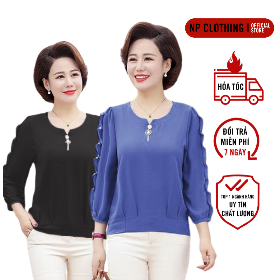 Áo Trung Niên Cho Mẹ A439 Mẫu Áo Trung Niên Cổ Tròn Tay Dài Đính Ngọc Sang Trọng | Thời Trang Trung Niên U50