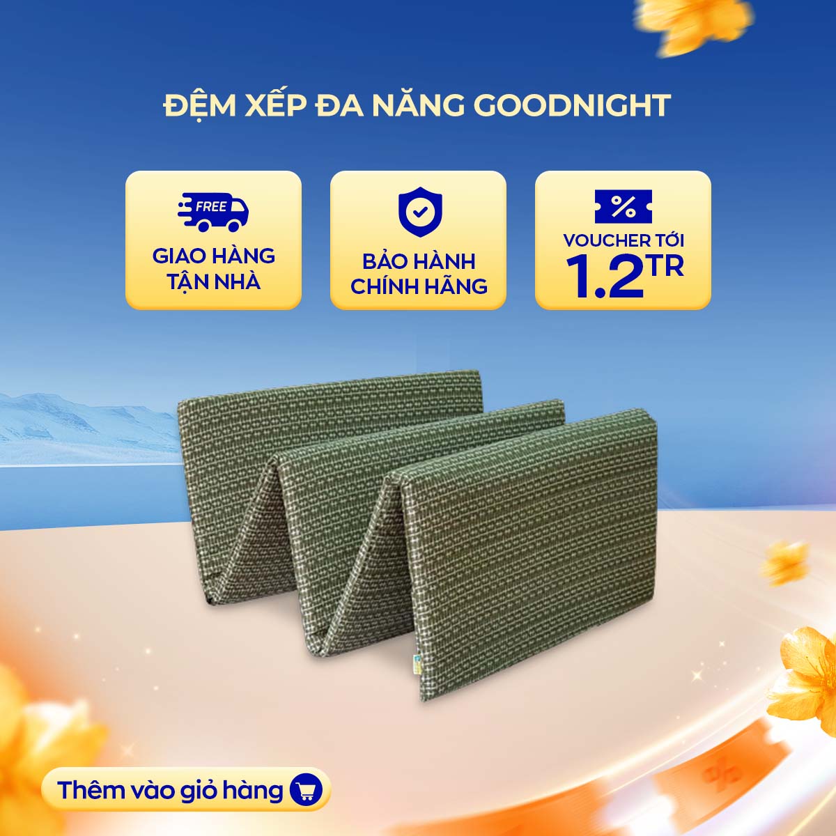 Nệm xếp văn phòng đa năng Goodnight 70x180cm nhỏ gọn êm ái tặng kèm túi đựng tiện lợi