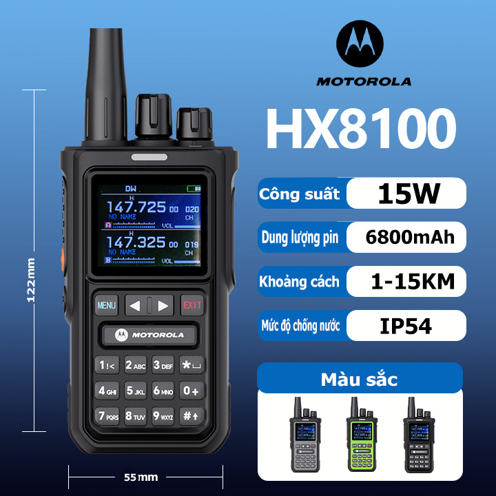 Bộ đàm Motorola HX8100 Walkie Talkies 1-15KM 199 Kêng 15W VHF/UHF FM Xuyên Vật Cản Cực Tốt Pin Dung Lượng Cao 6800Mah