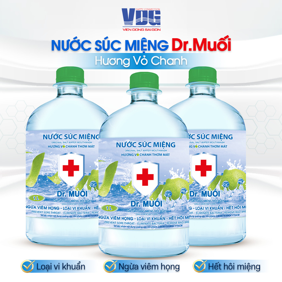 Nước súc miệng Dr. Muối hương vỏ chanh - 1000ml - Ngừa viêm họng, sâu răng, loại vi khuẩn, trắng răng, hết hôi miệng - Vien Dong Sai Gon