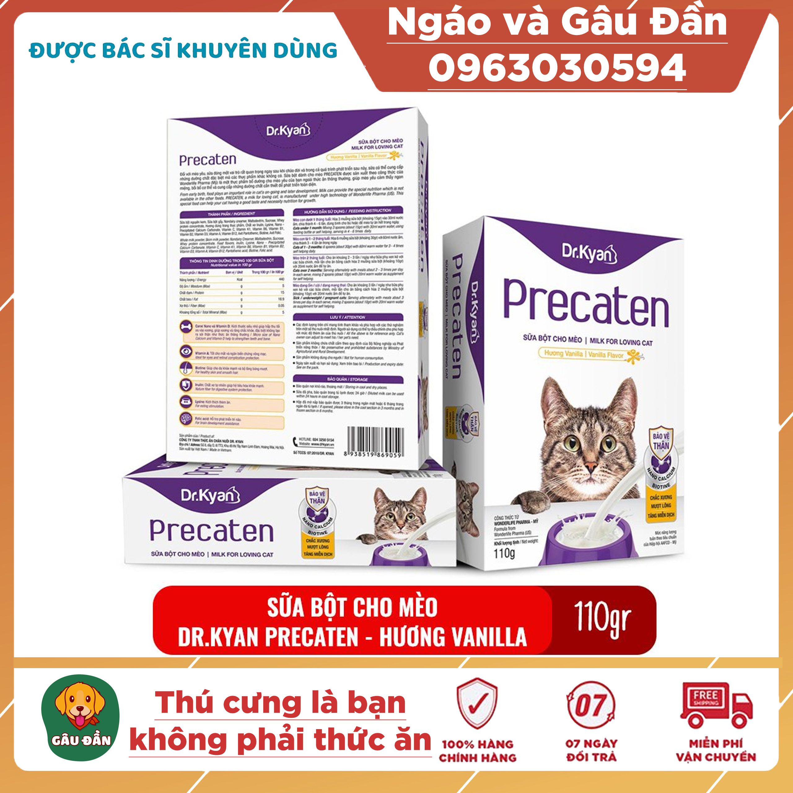 Sữa bột cho mèo Dr.Kyan Precaten hộp 110gr cung cấp dinh dưỡng cho mèo