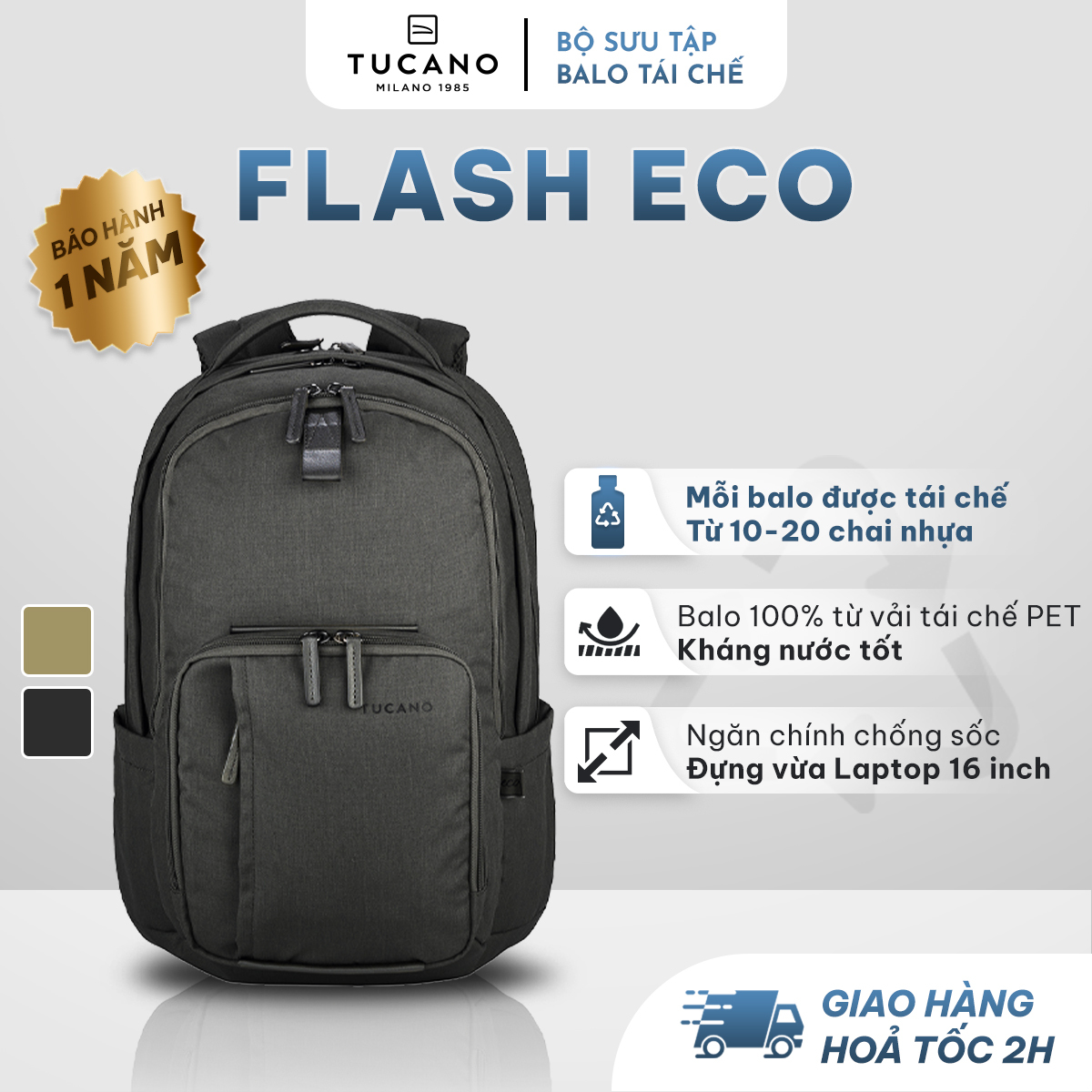 Balo laptop tái chế tucano flash eco 15.6 inch - chất liệu vải bền đẹp, chống sốc, chống thấm nước tốt