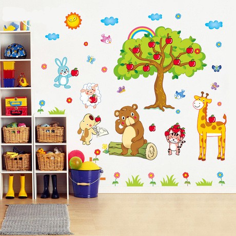 Decal dán tường cây táo - tranh dán tường động vật và cây táo cho bé - giấy dán tường