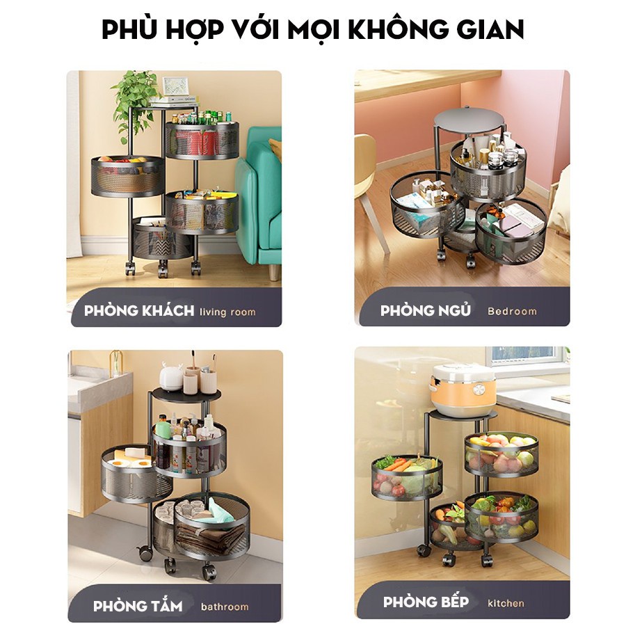 Kệ xoay để đồ đa năng khay tròn 5 tầng kệ đựng đồ dùng rau củ nhà bếp nhà tắm kệ đựng đồ chơi cho bé thép carbon sơn tĩnh điện cao cấp bánh xe xoay 360 độ tiện dụng Litchee Shop